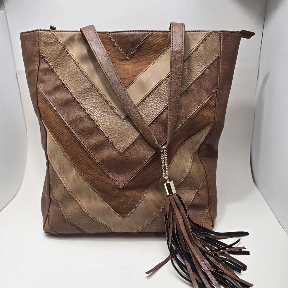 Imoshion Cognac Vegan Leather Large Chevron Tote With Tassle Embellishment